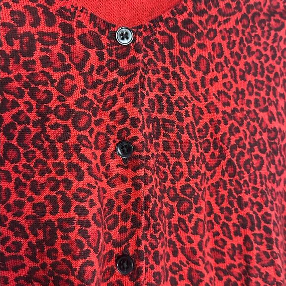 Ann Taylor Red Cheetah Animal Print Cardigan Sweater Silk Cashmere Medium Fall - Picture 6 of 8
